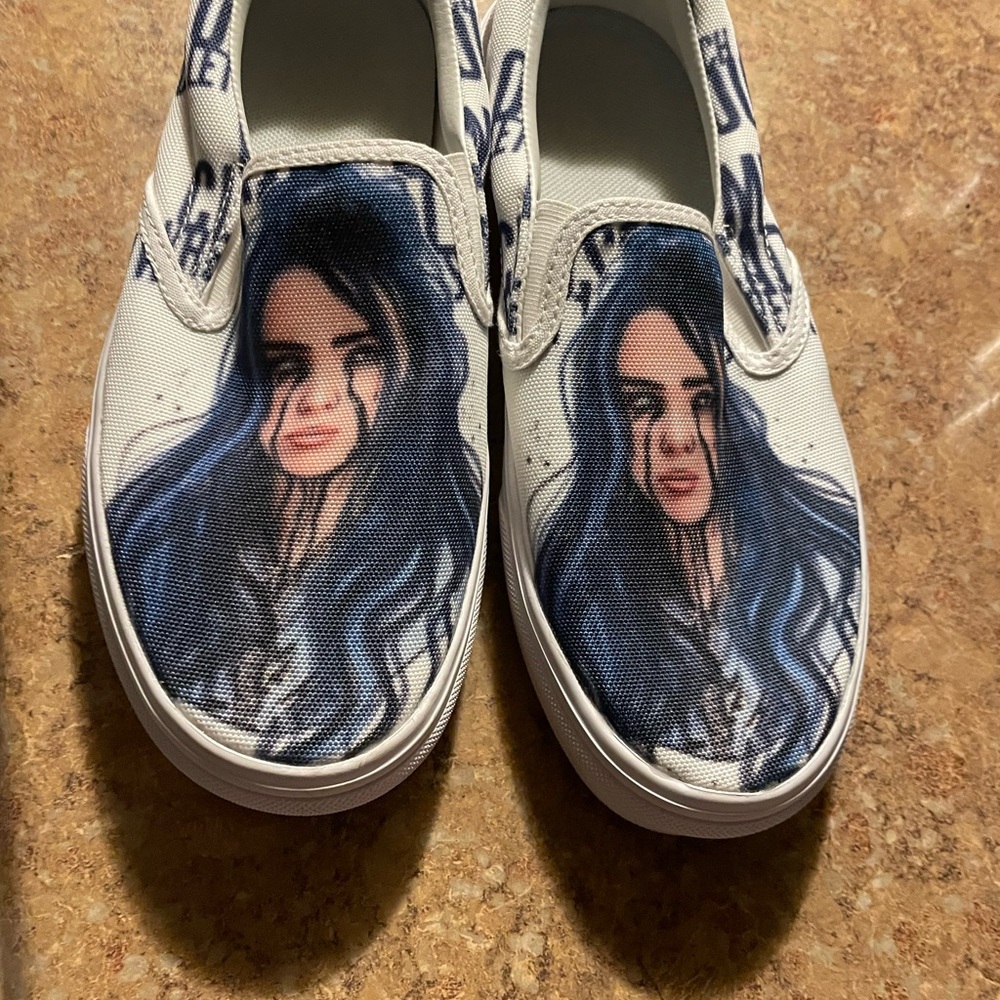 Women’s White Canvas Slip-On Shoes with Blue Graphic Billie Eilish
